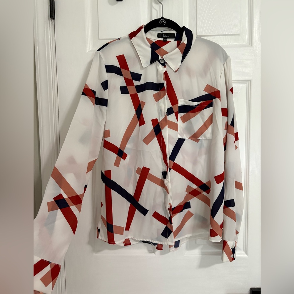 Lulu's Geometric Sheer Blouse in Red, Navy, and Orange